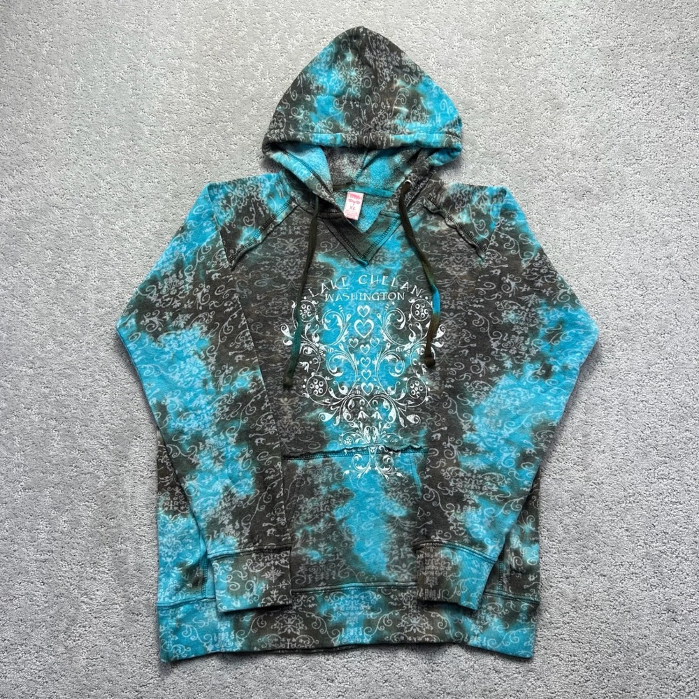 MV Sport Hoodie Womens XL Blue Brown Tie Dye Lake Chelan Washington Damask Y2K